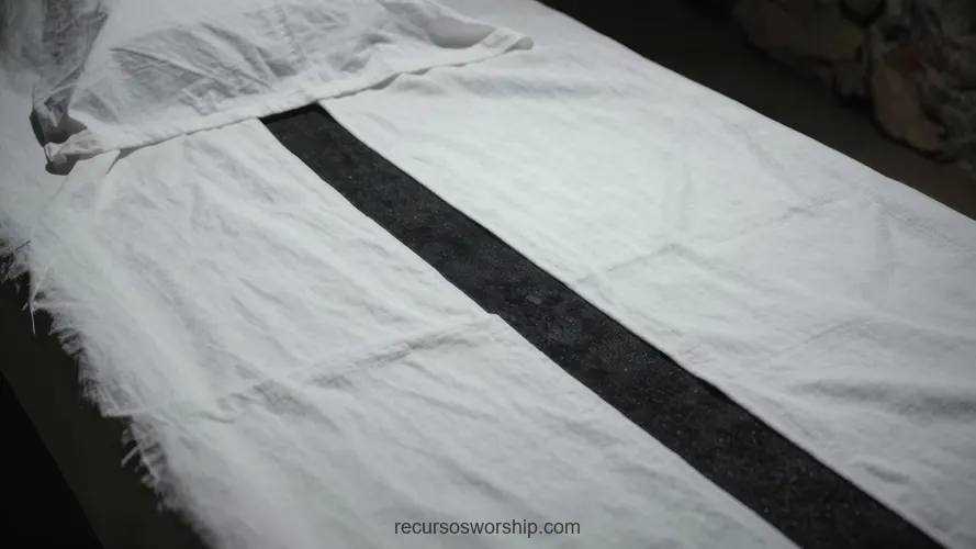 Lienzo Blanco de Lino con Franja Central Oscura sobre Madera Oscura Sudario Minimalista Lienzo blanco lino franja central oscura tela ruda superficie madera oscura representacion minimalista cinematografica sudario cristo horizontal cenital solemne