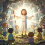 Ilustracion 3d animacion realista jesus resucitado pie portal iluminado tumba abierta resplandor dorado ninos diversas etnias asombro paisaje verde horizontal infantil pascua