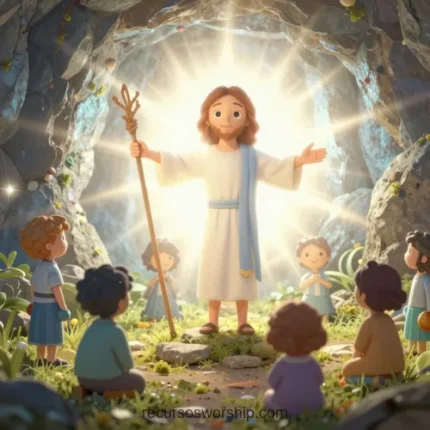 Ilustracion 3d animacion realista jesus resucitado pie portal iluminado tumba abierta resplandor dorado ninos diversas etnias asombro paisaje verde horizontal infantil pascua