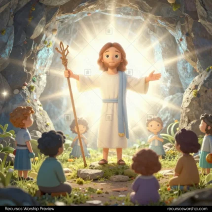 Ilustracion 3d animacion realista jesus resucitado pie portal iluminado tumba abierta resplandor dorado ninos diversas etnias asombro paisaje verde horizontal infantil pascua
