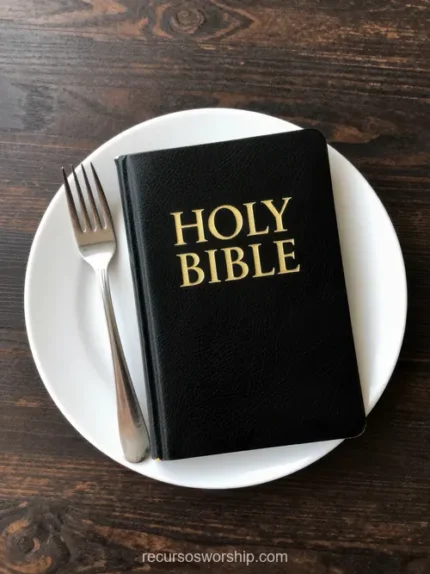 Holy Bible negra con letras doradas colocada en plato blanco redondo con tenedor plateado sobre madera oscura vista cenital