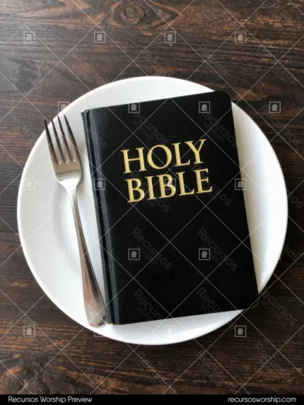 Holy Bible negra con letras doradas colocada en plato blanco redondo con tenedor plateado sobre madera oscura vista cenital