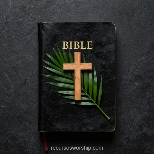 Biblia con Cruz de Madera y Rama de Palma Semana Santa Biblia negra con letras doradas con cruz de madera rústica y rama de palma verde sobre pizarra oscura texturizada vista cenital