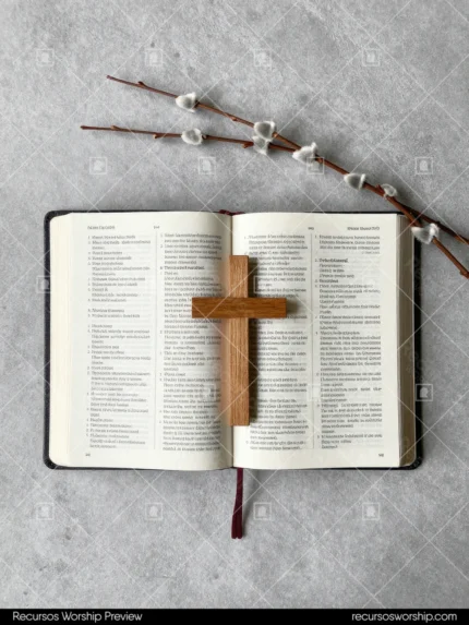Biblia abierta en doble página con cruz de madera natural en el centro y rama seca con botones blancos sobre concreto gris cenital
