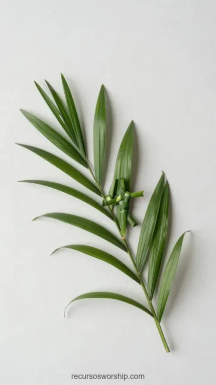 Rama palma verde natural sola centrada fondo blanco puro plano cenital detalle iluminacion limpia vertical minimalista botanico domingo ramos semana santa