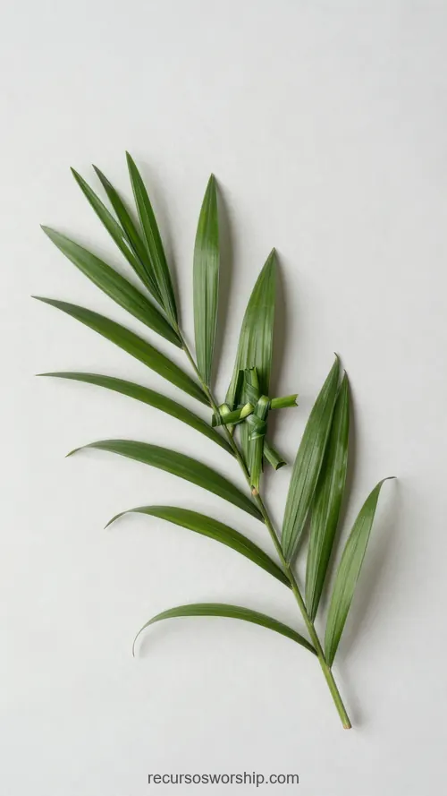 Rama Palma Verde Natural Sola Fondo Blanco Puro Plano Cenital Minimalista Domingo de Ramos Rama palma verde natural sola centrada fondo blanco puro plano cenital detalle iluminacion limpia vertical minimalista botanico domingo ramos semana santa