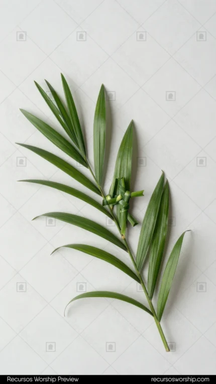 Rama palma verde natural sola centrada fondo blanco puro plano cenital detalle iluminacion limpia vertical minimalista botanico domingo ramos semana santa