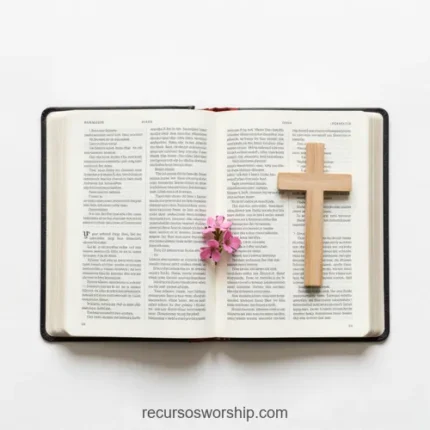 Biblia abierta en doble página con cruz de madera clara vertical y pequeño ramillete de flores rosas sobre fondo blanco cenital