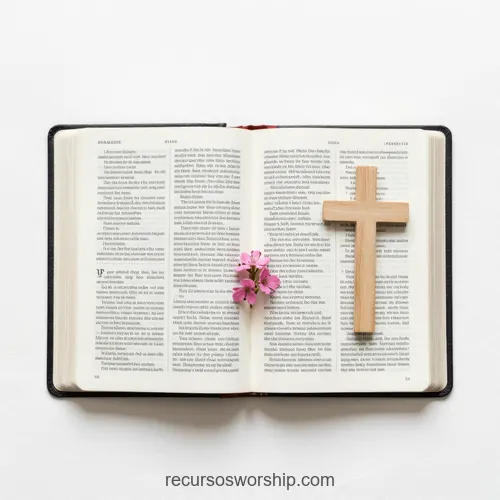 Biblia Abierta con Cruz Clara y Flores Rosas Fondo Blanco Biblia abierta en doble página con cruz de madera clara vertical y pequeño ramillete de flores rosas sobre fondo blanco cenital