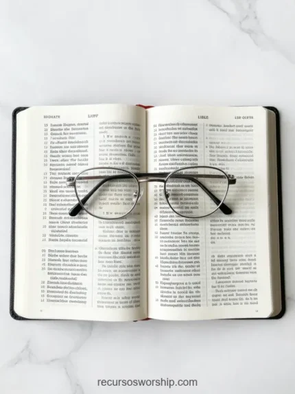 Biblia abierta en doble página de texto con gafas de montura metálica fina posadas en el centro sobre mármol blanco con venas grises
