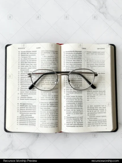 Biblia abierta en doble página de texto con gafas de montura metálica fina posadas en el centro sobre mármol blanco con venas grises
