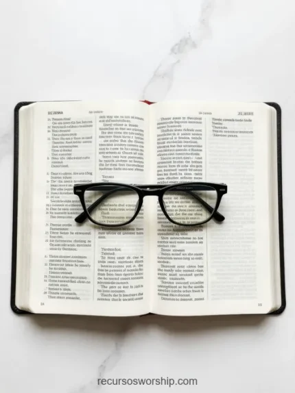 Biblia abierta en doble página de texto con gafas de montura negra gruesa de pasta sobre superficie de mármol blanco con venas grises cenital