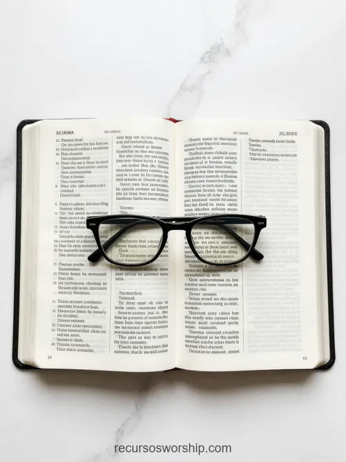 Biblia Abierta con Gafas de Pasta Negra sobre Mármol Biblia abierta en doble página de texto con gafas de montura negra gruesa de pasta sobre superficie de mármol blanco con venas grises cenital