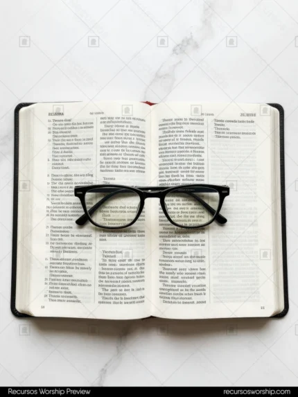 Biblia abierta en doble página de texto con gafas de montura negra gruesa de pasta sobre superficie de mármol blanco con venas grises cenital