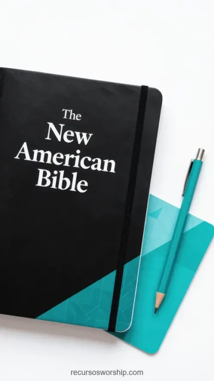New American Bible cubierta negra con tipografía blanca junto a lápiz teal y libreta teal sobre fondo blanco vista cenital