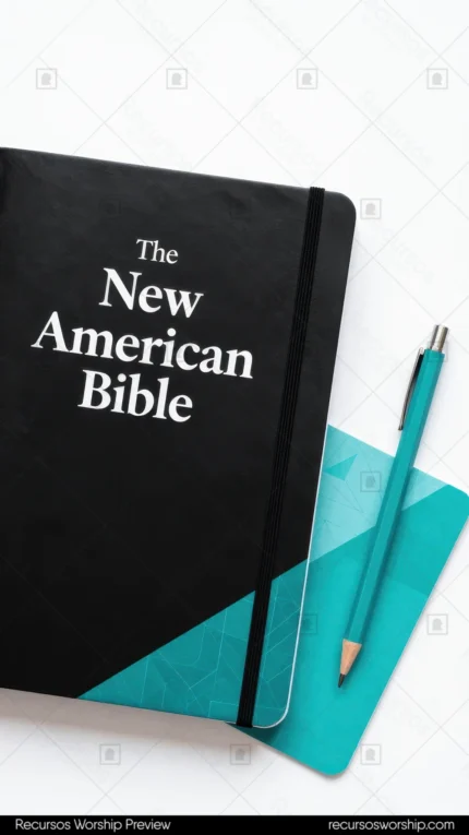 New American Bible cubierta negra con tipografía blanca junto a lápiz teal y libreta teal sobre fondo blanco vista cenital