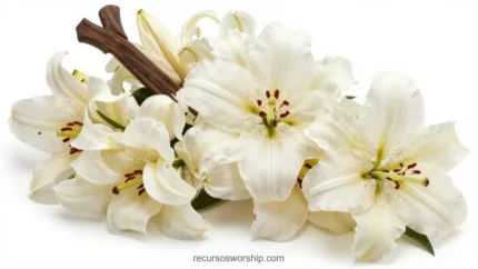 Ramo lirios blancos frescos estambres amarillos tallos madera oscura fondo blanco puro fotografia producto limpia profesional horizontal detalle studio pascua floral elegante