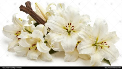 Ramo lirios blancos frescos estambres amarillos tallos madera oscura fondo blanco puro fotografia producto limpia profesional horizontal detalle studio pascua floral elegante