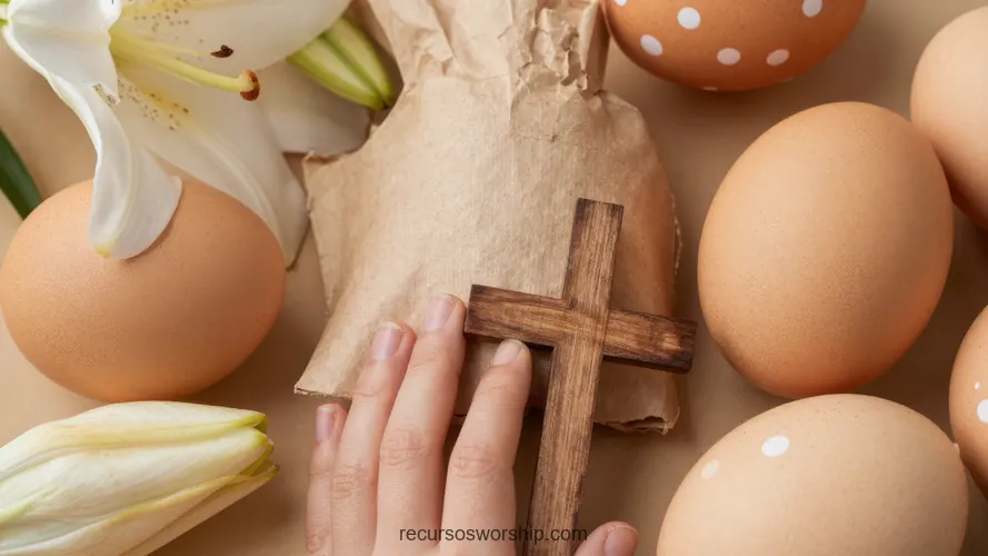 Flat Lay Mano Sosteniendo Cruz Madera entre Huevos Beige Naturales y Lirio Blanco Pascua Flat lay horizontal mano femenina sosteniendo cruz madera pequeña bolsa papel kraft huevos beige naturales lunares flor lirio blanca cenital calido artesanal pascua