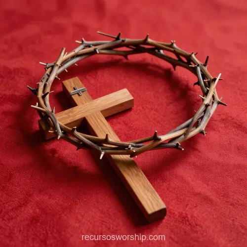 Cruz de Madera en Corona de Espinas sobre Fondo Rojo Cruz pequeña de madera clara en el centro de corona de espinas de ramas secas sobre tela roja carmín intensa ángulo elevado