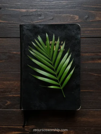 Biblia negra de cuero con hoja de palma verde brillante diagonal sobre tablones de madera oscura envejecida vista cenital