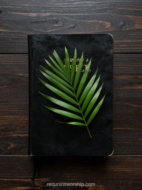 Biblia Negra con Hoja de Palma Verde sobre Madera Oscura Biblia negra de cuero con hoja de palma verde brillante diagonal sobre tablones de madera oscura envejecida vista cenital