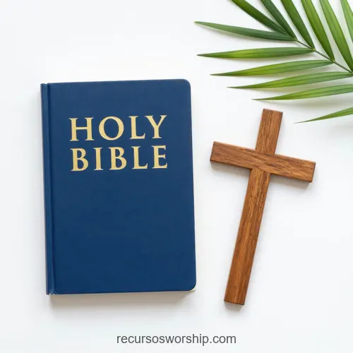 Holy Bible Azul con Cruz de Pino y Hoja de Palma Pascual Holy Bible azul royal con letras doradas junto a cruz de madera pino natural y hoja de palma verde sobre fondo blanco liso cenital