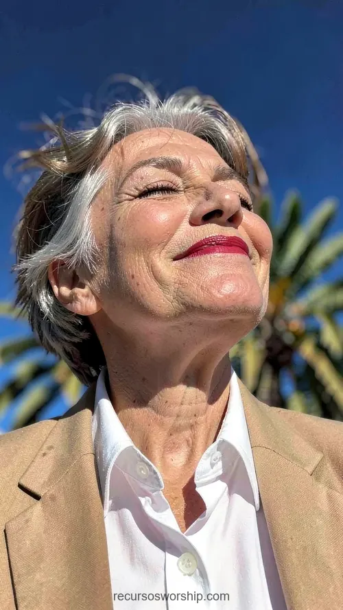 Mujer Mayor Cabello Gris Labios Rojos Sonriendo al Cielo con Palmeras Retrato contrapicado mujer mayor cabello gris corto labios rojos sonriendo cielo ojos entornados palmeras verdes cielo azul exterior vertical vitalidad