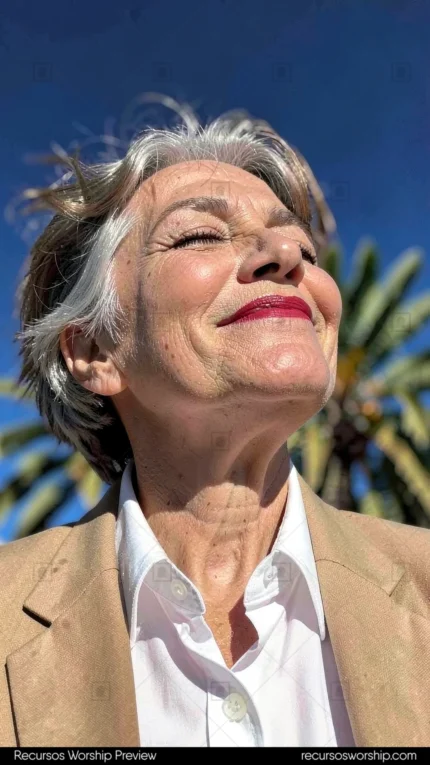 Retrato contrapicado mujer mayor cabello gris corto labios rojos sonriendo cielo ojos entornados palmeras verdes cielo azul exterior vertical vitalidad