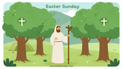 Ilustracion vector colorida jesus resucitado pie campo verde baston tunica blanca arboles cruces blancas texto easter sunday negro cuadrado festivo amigable pascua resurreccion