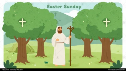 Ilustracion vector colorida jesus resucitado pie campo verde baston tunica blanca arboles cruces blancas texto easter sunday negro cuadrado festivo amigable pascua resurreccion