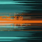 Glitch analogico vertical trazos horizontales teal verde intenso naranja oscuro desplazamiento imagen corte senal fondo negro azul oscuro vertical alta energia contraste complementario digital textura
