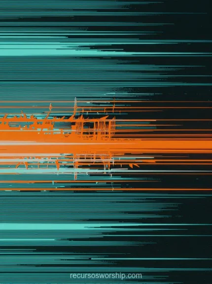 Glitch analogico vertical trazos horizontales teal verde intenso naranja oscuro desplazamiento imagen corte senal fondo negro azul oscuro vertical alta energia contraste complementario digital textura