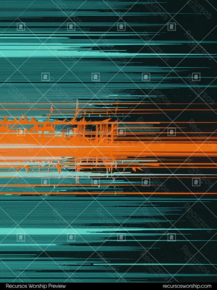 Glitch analogico vertical trazos horizontales teal verde intenso naranja oscuro desplazamiento imagen corte senal fondo negro azul oscuro vertical alta energia contraste complementario digital textura