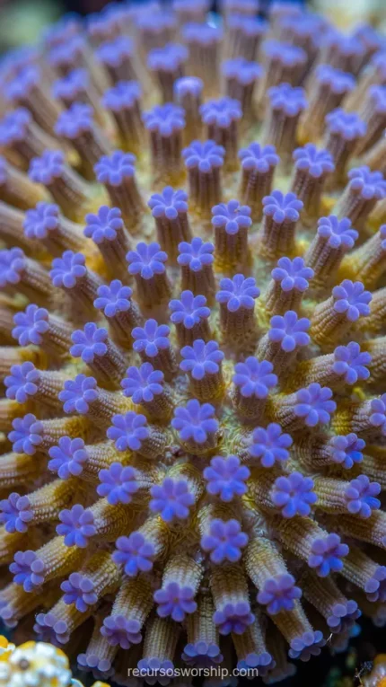 Macro coral marino polpos dorado ambar extendidos flores estrelladas azul morado fondo marron oscuro vertical plano detalle organico marino biodiversidad natural
