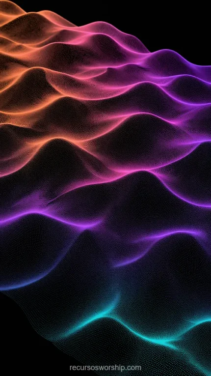 Topografia digital 3d ondas luz naranja rojo morado cian fondo negro oscuro malla datos mapa calor espectral vertical abstracto tecnologico overlay