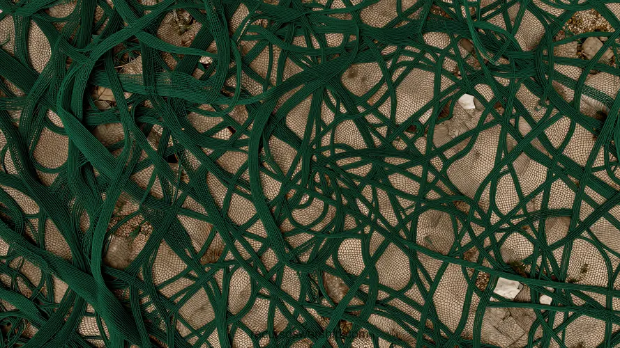 Red Cuerdas Cables Verdes Oscuros Entrelazados Tierra Arena Beige Piedras Horizontal Natural Agricola Red organica cuerdas cables verdes oscuros entrelazados superficie tierra arena beige piedras horizontal plano detalle natural agricola organico overlay