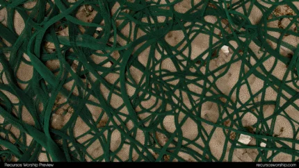 Red organica cuerdas cables verdes oscuros entrelazados superficie tierra arena beige piedras horizontal plano detalle natural agricola organico overlay