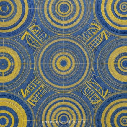 Mosaico simetrico circulos concentricos azul cobalto dorado amarillo patrones arquitectura ingenieria cuadricula cuadrado simetria radial art deco mandala tecnico overlay
