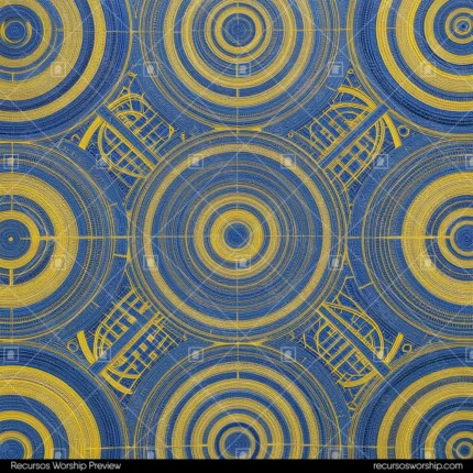 Mosaico simetrico circulos concentricos azul cobalto dorado amarillo patrones arquitectura ingenieria cuadricula cuadrado simetria radial art deco mandala tecnico overlay