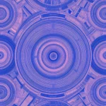 Mosaico circulos concentricos azul indigo rosa salmon anillos franjas finas cuadricula vertical simetria radial alta densidad mandala geometrico overlay elegante
