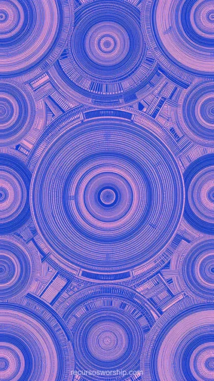 Mosaico circulos concentricos azul indigo rosa salmon anillos franjas finas cuadricula vertical simetria radial alta densidad mandala geometrico overlay elegante