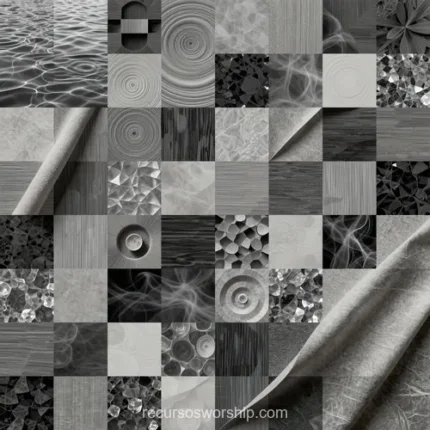 Mosaico collage texturas escala grises 25 cuadros madera piedra tela agua cristales flores espirales pergamino cuadrado monocromo biblioteca materiales naturales overlay