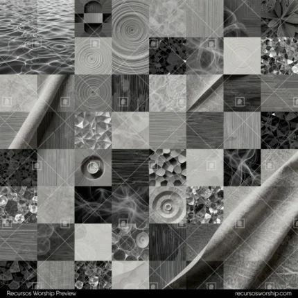 Mosaico collage texturas escala grises 25 cuadros madera piedra tela agua cristales flores espirales pergamino cuadrado monocromo biblioteca materiales naturales overlay