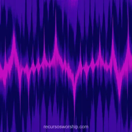 Waveform audio picos afilados rosa magenta brillante fondo azul indigo oscuro efecto glitch topografia trama puntos cuadrado espectral digital overlay