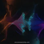 Halftone trama naranja ambar manchas difusas cian teal morado oscuro fondo negro horizontal abstracto glitch serigrafia impresion defectuosa overlay