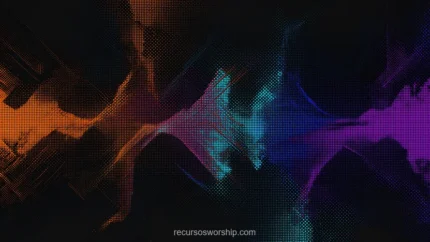 Halftone trama naranja ambar manchas difusas cian teal morado oscuro fondo negro horizontal abstracto glitch serigrafia impresion defectuosa overlay
