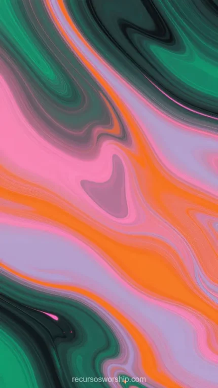 Marmol liquido verde oscuro rosa salmon naranja lavanda fondo negro vetas fluidas entrelazadas vertical multicolor fluido artistico overlay
