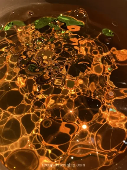Macro superficie agua reflejo dorado ambar brillante caustics ondas concentricas manchas doradas verdosas agua oscura vertical plano detalle natural organico overlay