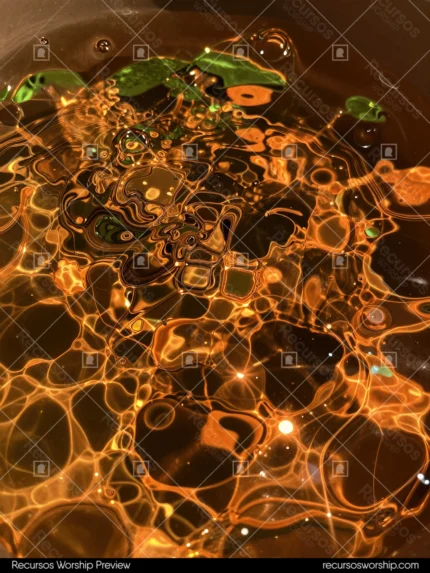 Macro superficie agua reflejo dorado ambar brillante caustics ondas concentricas manchas doradas verdosas agua oscura vertical plano detalle natural organico overlay